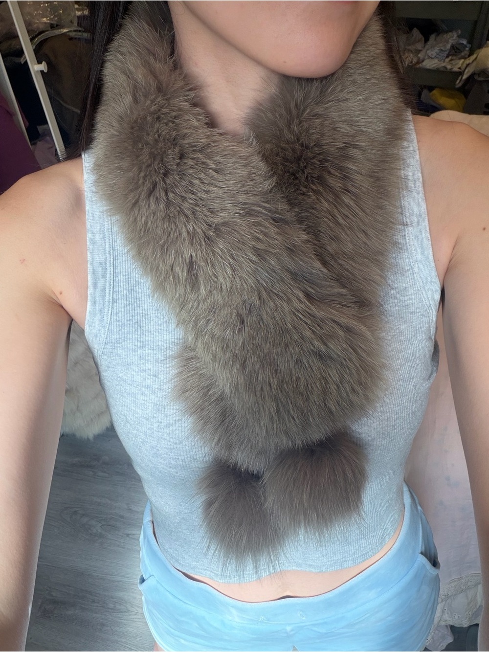 SAGA FOX Taupe Fox Fur Scarf Japan Vintage Pom Pom Collar